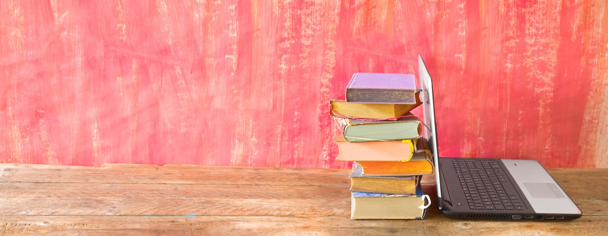 stack of books and laptop computer, e- learning,learning,reading, education, panorama, copy space